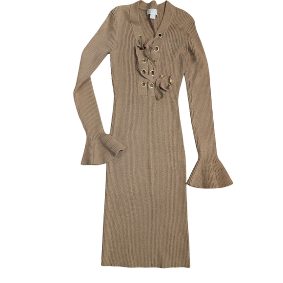 Michael Kors Lace Up Ribbed Camel Sweater Dress Size XS